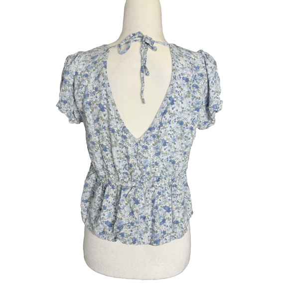 Hollister Blue Floral Milkmaid, Cottagecore Boho‎ Ruffle Sleeve Peplum - Picture 4 of 11
